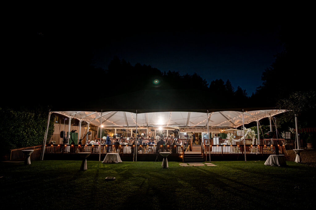 Bay Area wedding reception under a string-lit tent at Mountain Terrace in Woodside