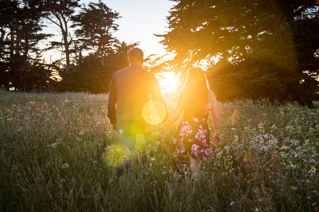 Emily and Dakota walking hand in hand through a sunlit field at Waluphl Lighthouse Ranch in Loleta, the setting sun casting a warm glow over the wildflowers and grass, creating a picturesque and romantic scene, captured by Dan Berger Photography.